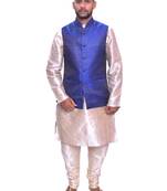Men's Double Tone Matching Kurta Churidar  With Solid Royal Blue Waistcoat