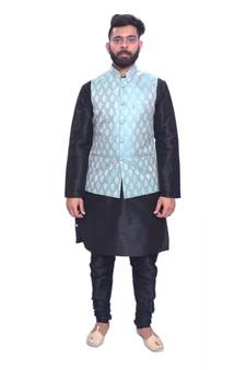 Men's Black Matching Kurta Churidar With Dark Slate Gray  Waistcoat