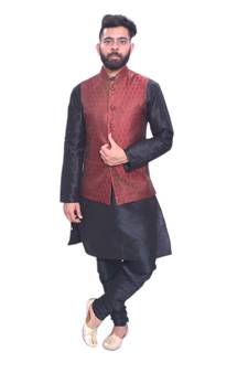 Men's Black Matching Kurta Churidar With Solid Maroon Waistcoat