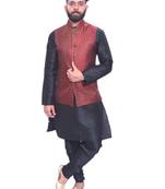 Men's Black Matching Kurta Churidar With Solid Maroon Waistcoat