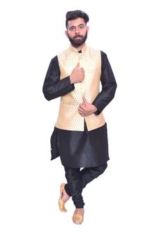 Men's Black Matching Kurta Churidar With Gold Bindoo 1st Waistcoat