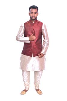 Men's Double Tone Matching Kurta Churidar  With Solid Marron Waistcoat