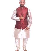 Men's Double Tone Matching Kurta Churidar  With Solid Marron Waistcoat