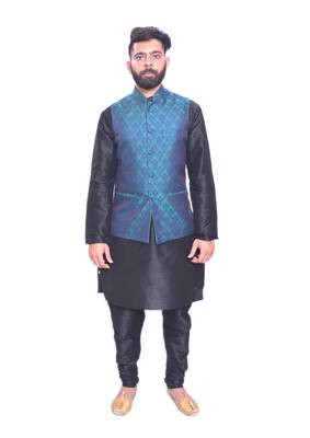 Men's Black Matching Kurta Churidar With Deep Sky Blue Waistcoat 1