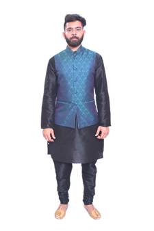 Men's Black Matching Kurta Churidar With Deep Sky Blue Waistcoat