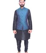 Men's Black Matching Kurta Churidar With Deep Sky Blue Waistcoat