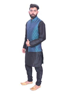 Men's Black Matching Kurta Churidar With Deep Sky Blue Waistcoat 2