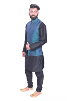 Men's Black Matching Kurta Churidar With Deep Sky Blue Waistcoat
