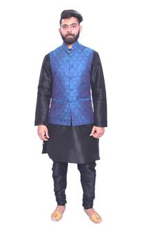 Men's Black Matching Kurta Churidar With Deep Sky Blue Waistcoat