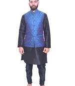 Men's Black Matching Kurta Churidar With Deep Sky Blue Waistcoat