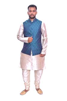 Men's Double Tone Matching Kurta Churidar  With Solid Turquoise  Waistcoat