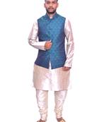 Men's Double Tone Matching Kurta Churidar  With Solid Turquoise  Waistcoat