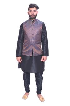 Men's Black Matching Kurta Churidar With  Burly Wood Colour  Waistcoat