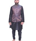Men's Black Matching Kurta Churidar With  Burly Wood Colour  Waistcoat