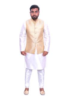 Men's White Matching Kurta Churidar With  Gold Bindoo 1st  Waistcoat