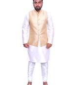 Men's White Matching Kurta Churidar With  Gold Bindoo 1st  Waistcoat