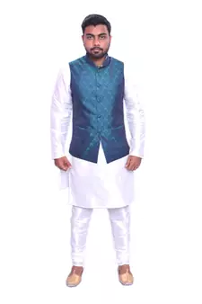 Men's White Matching Kurta Churidar With Solid Turquoise  Waistcoat