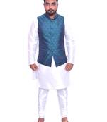 Men's White Matching Kurta Churidar With Solid Turquoise  Waistcoat