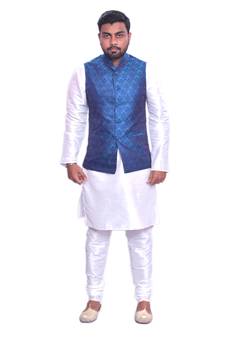 Men's White Matching Kurta Churidar With Deep Sky Blue   Waistcoat
