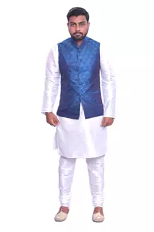 Men's White Matching Kurta Churidar With Deep Sky Blue   Waistcoat
