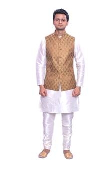 Men's Cream Matching Kurta Churidar With Banarsi Copper Gold  Waistcoat (RG-17561-)