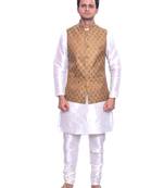 Men's Cream Matching Kurta Churidar With Banarsi Copper Gold  Waistcoat (RG-17561-)