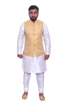 Men's White Matching Kurta Churidar With New Gold 1stWaistcoat