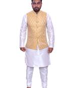 Men's White Matching Kurta Churidar With New Gold 1stWaistcoat