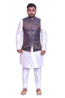 Men's White Matching Kurta Churidar With  BanarsiBurly Wood Waistcoat