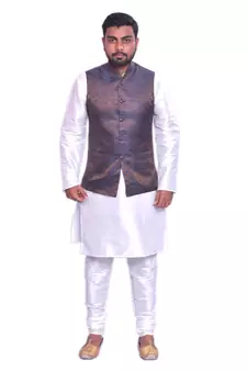 Men's White Matching Kurta Churidar With  BanarsiBurly Wood Waistcoat