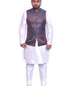 Men's White Matching Kurta Churidar With  BanarsiBurly Wood Waistcoat