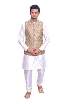 Men's Cream Matching Kurta Churidar With Light gold 1st Waistcoat