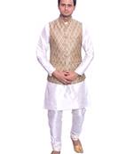 Men's Cream Matching Kurta Churidar With Light gold 1st Waistcoat