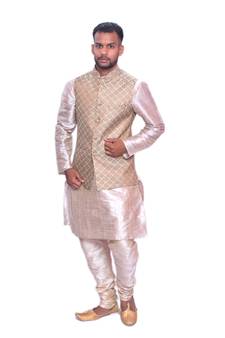 Men's Double Tone Matching Kurta Churidar With Banarsi Grray 1st Waistcoat