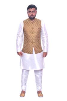 Men's White Matching Kurta Churidar With Banarsi Copper Gold  Waistcoat