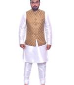 Men's White Matching Kurta Churidar With Banarsi Copper Gold  Waistcoat