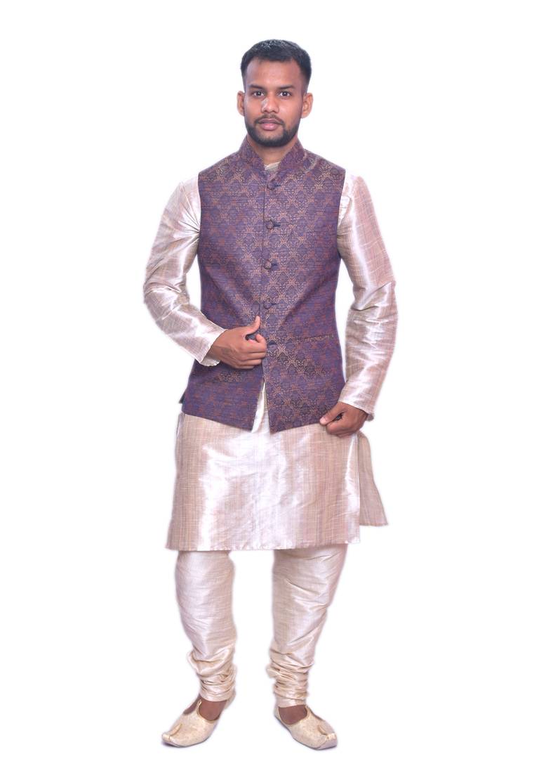 Men's Double Tone Matching Kurta Churidar  With  Light Brown  Waistcoat
