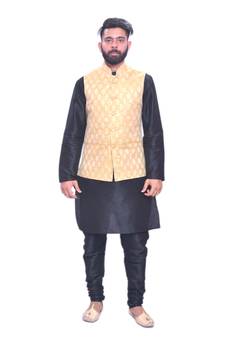 Men's Black Matching Kurta Churidar With New Gold 1st  Waistcoat