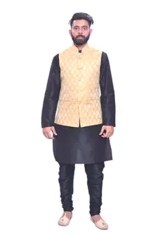 Men's Black Matching Kurta Churidar With New Gold 1st  Waistcoat