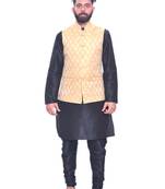 Men's Black Matching Kurta Churidar With New Gold 1st  Waistcoat