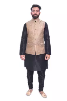 Men's Black Matching Kurta Churidar With Banarsi Gold  Waistcoat