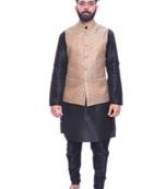 Men's Black Matching Kurta Churidar With Banarsi Gold  Waistcoat