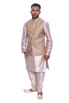 Men's Double Tone Matching Kurta Churidar  With  Banarsi Gold Waistcoat