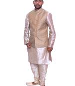 Men's Double Tone Matching Kurta Churidar  With  Banarsi Gold Waistcoat