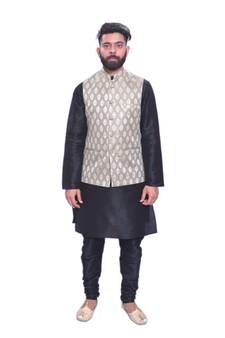 Men's Black Matching Kurta Churidar With Mint Cream  Waistcoat