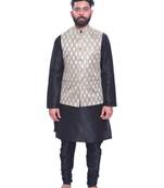 Men's Black Matching Kurta Churidar With Mint Cream  Waistcoat