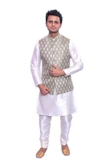 Men's Cream Matching Kurta Churidar With Mint Cream Waistcoat