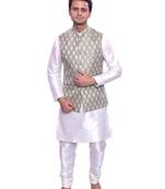 Men's Cream Matching Kurta Churidar With Mint Cream Waistcoat