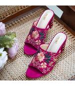 Pink,Magenta Hand Embroidered, Suede, Block Heels