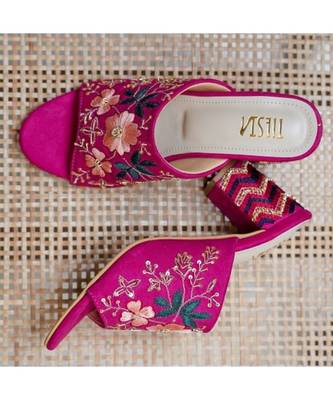 Pink,Magenta Hand Embroidered, Suede, Block Heels 2